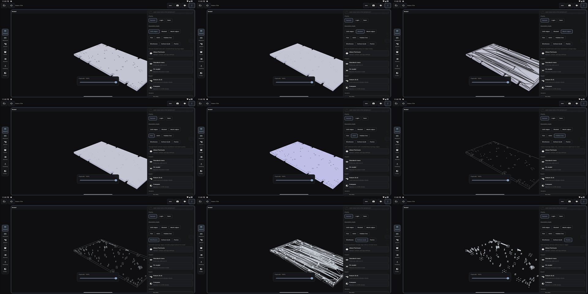 PartLens Android showing one demo CAD file in nine display modes